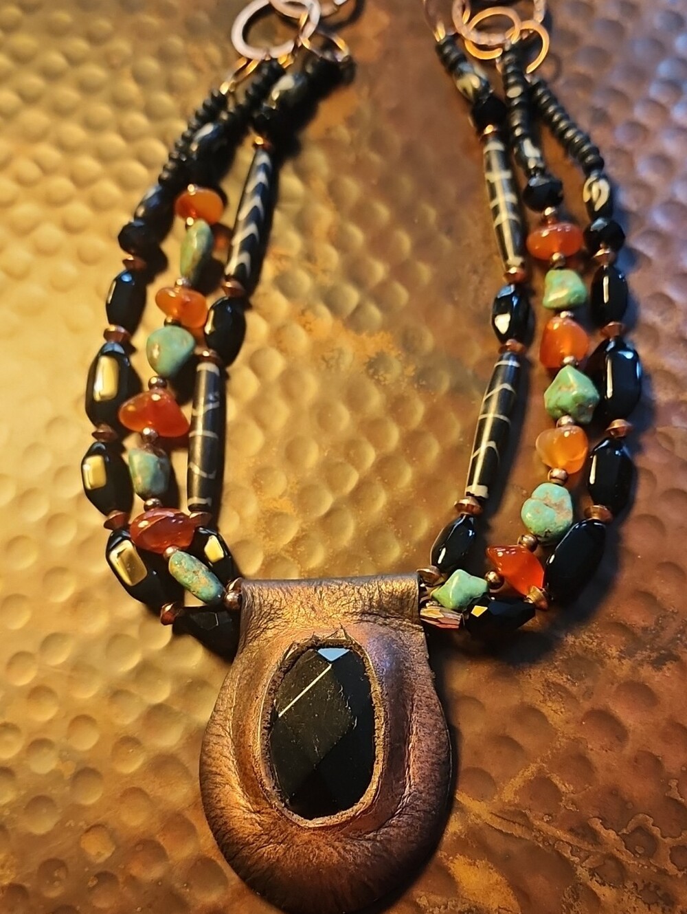 Handcrafted Glass, Batik , Genuine Turq, Agate Bead Necklace with Leather Penda
